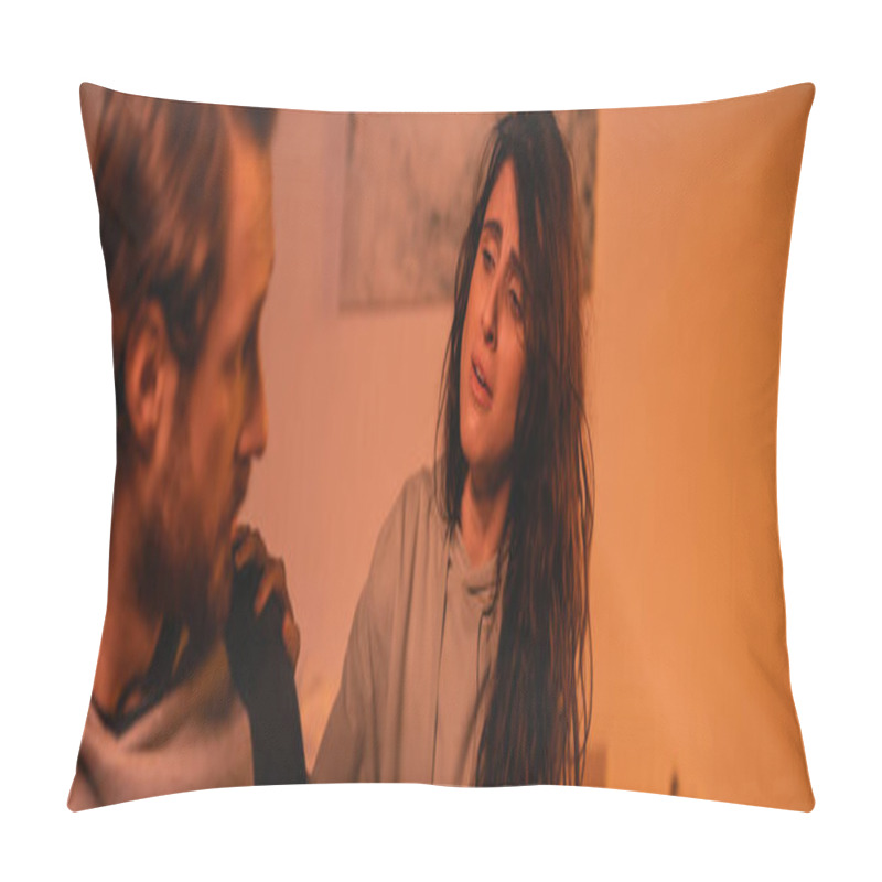 Personality  Displeased Woman Touching Shoulder Of Blurred Boyfriend At Home In Evening, Banner  Pillow Covers