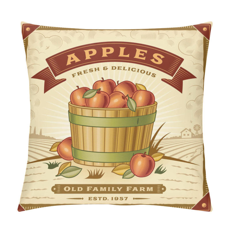 Personality  Retro Apple Harvest Label With Landscape. Editable EPS10 Vector Illustration In Woodcut Style With Clipping Mask And Transparency. Pillow Covers