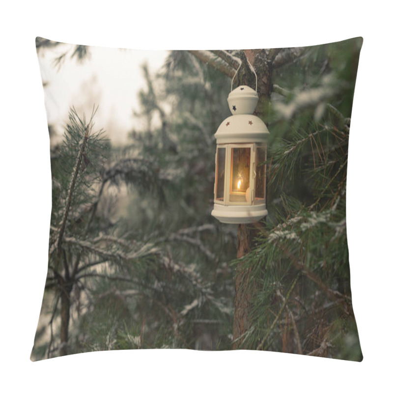 Personality  Glowing Candle In Lantern Hanging On Fir Tree Branch In Winter Forest. Christmas Scene. Pillow Covers