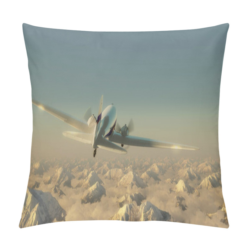 Personality  Airplane Above The High Mountains. Clear Blue Sky. 3D Render Illustration. Pillow Covers