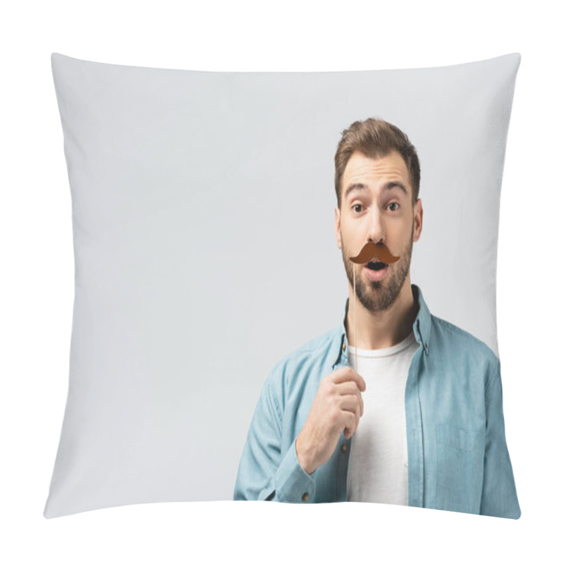 Personality  Shocked Young Man With Fake Mustache On Stick Isolated On Grey Pillow Covers