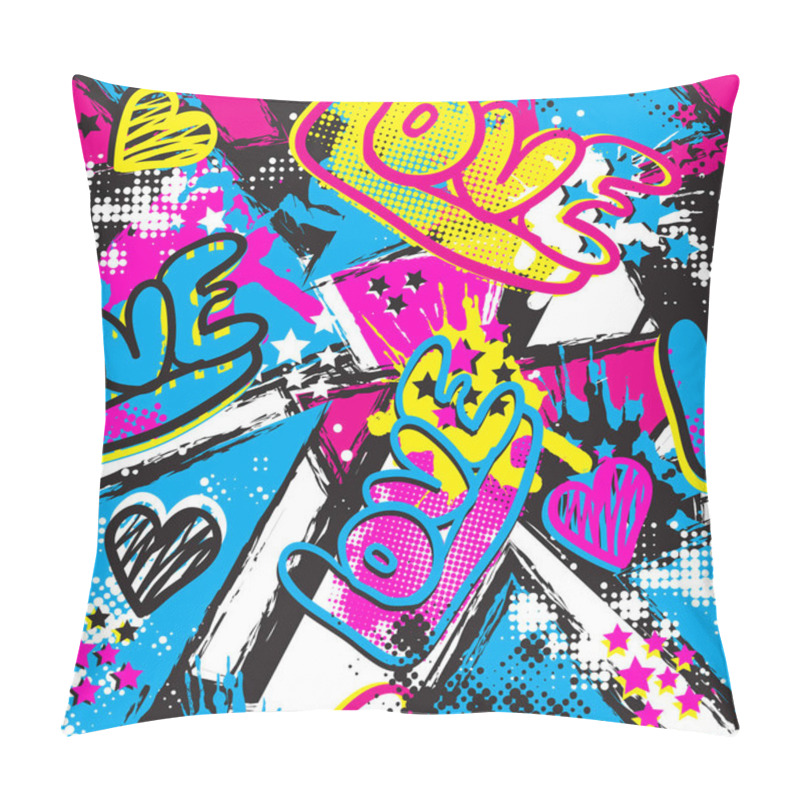 Personality  Abstract Seamless Grunge Pattern For Girls. Hearts Repeated Backdrop With Love, Shape, Dots In Bright Neon Colorful Colors. Girlish Creative Urban Design For Fashion, Sport Clothes. Modern Background. Pillow Covers