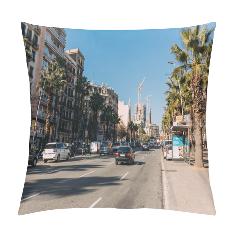 Personality  BARCELONA, SPAIN - DECEMBER 28, 2018: Busy Street With Cars, Buildings And Green Palms Pillow Covers