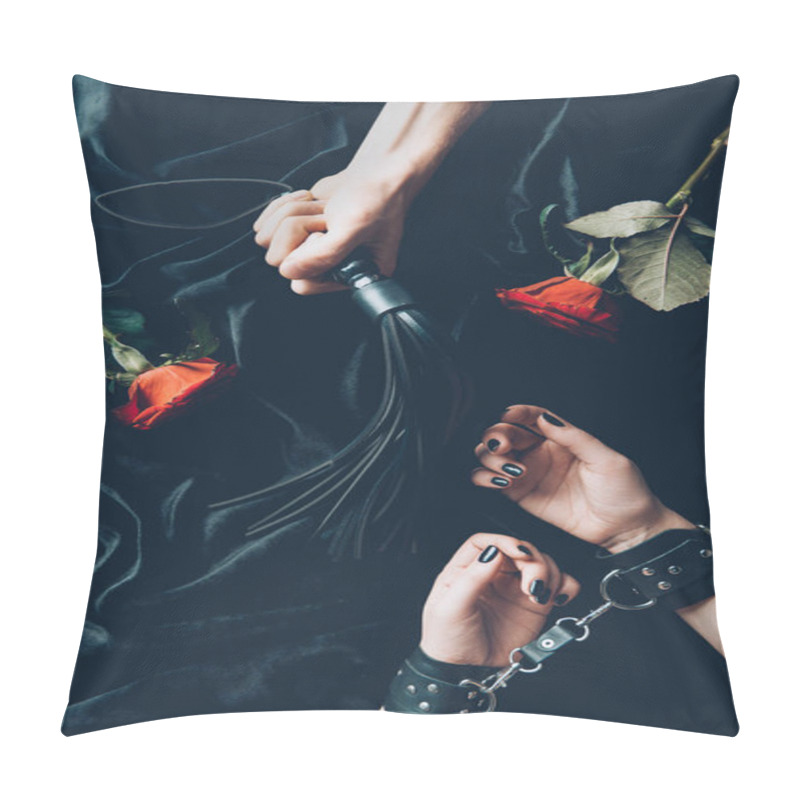 Personality  Cropped Shot Of Woman In Black Handcuffs And Man Holding Leather Whip Pillow Covers