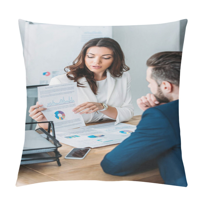 Personality  Selective Focus Of Beautiful Advisor And Investor In Suits Discussing Document At Workplace  Pillow Covers