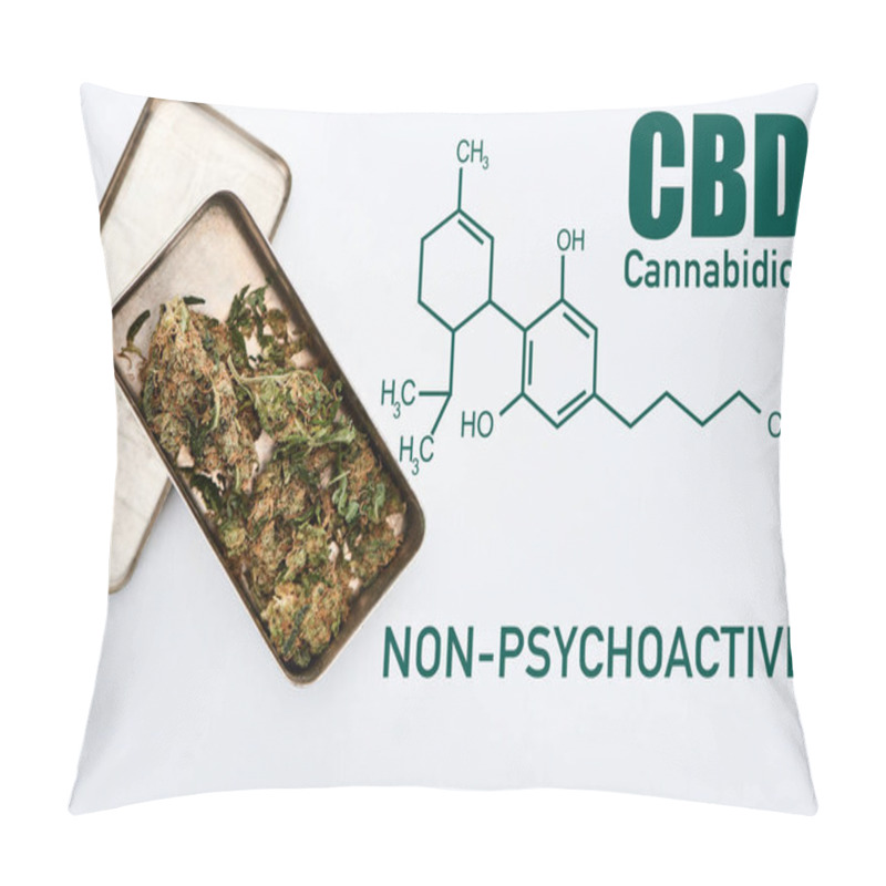 Personality  Top View Of Marijuana Buds In Metal Box On White Background With Cbd Molecule Illustration Pillow Covers