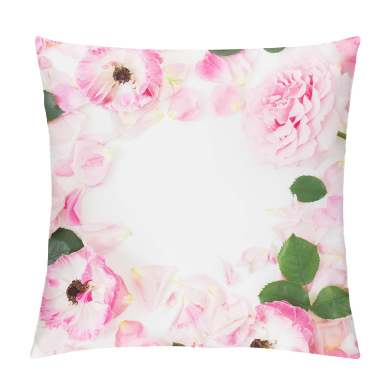 Personality  Pink Roses Flowers On White Background. Flat Lay, Top View. Flowers Texture. Pillow Covers