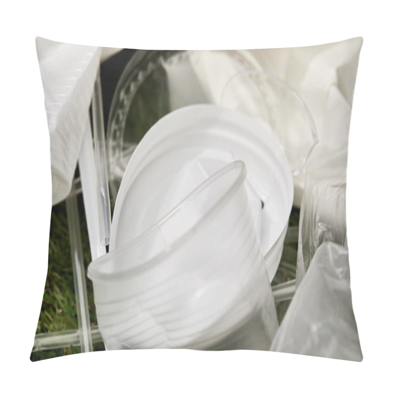 Personality  Close Up View Of Crumpled White And Transparent Plastic Cups On Grass Pillow Covers