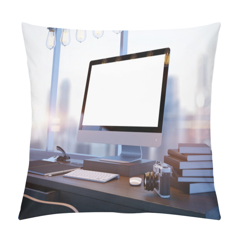 Personality  Mock Up Of Generic Design Computer Screen And Blured City. 3D Rendering Pillow Covers