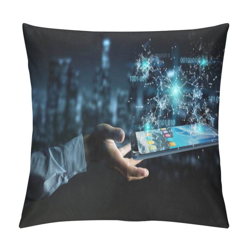 Personality  Businessman Using Digital Binary Code On Mobile Phone 3D Renderi Pillow Covers