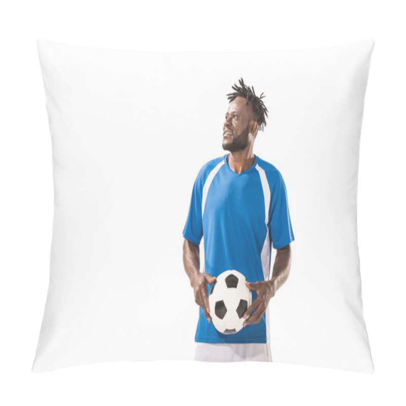 Personality  Smiling African American Sportsman Holding Soccer Ball And Looking Away Isolated On White Pillow Covers