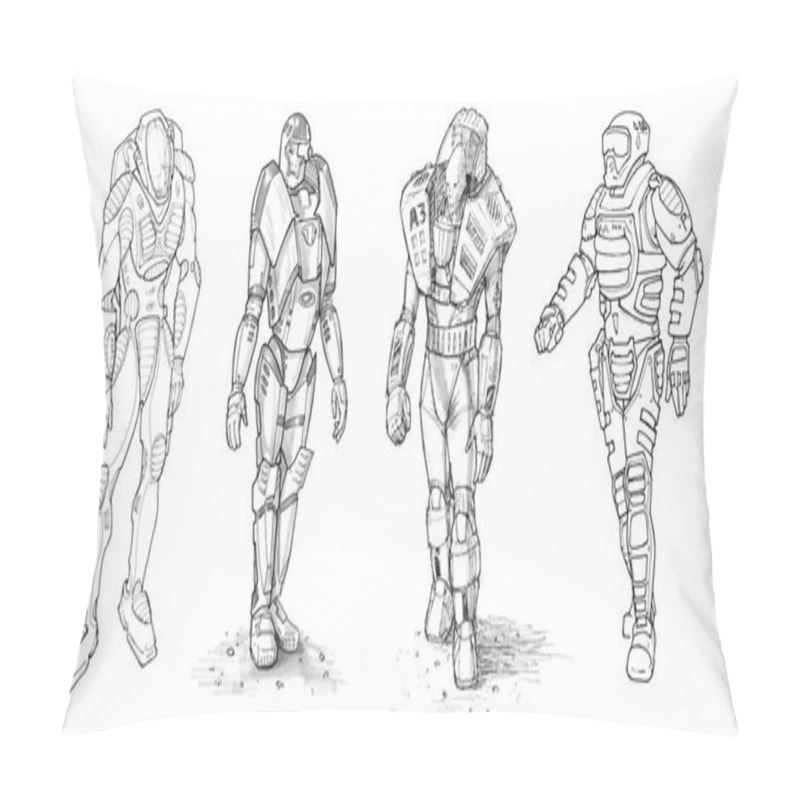 Personality  Set Of Rough Ink Drawings Of Various Characters In Sci-fi Suit Pillow Covers