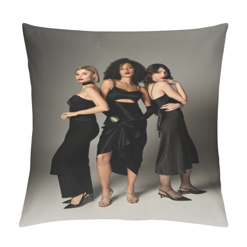 Personality  Three Young, Beautiful Women In Elegant Black Dresses Standing United, Showcasing Female Fashion Diversity. Pillow Covers