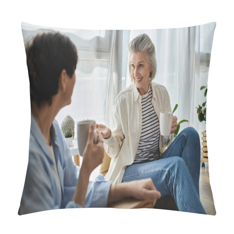 Personality  Two Senior Women Enjoying A Conversation On A Sofa With Coffee. Pillow Covers