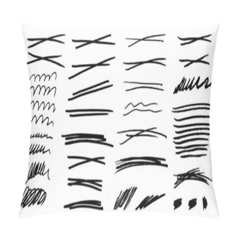 Personality  Set Of Hand Drawn Grungy Crosses, Waves, Highlight Lines, Hatches And Underlines. Collection Of Black Ink Strikethrough Graphic Elements. Each Element Is United And Isolated On White Background Pillow Covers