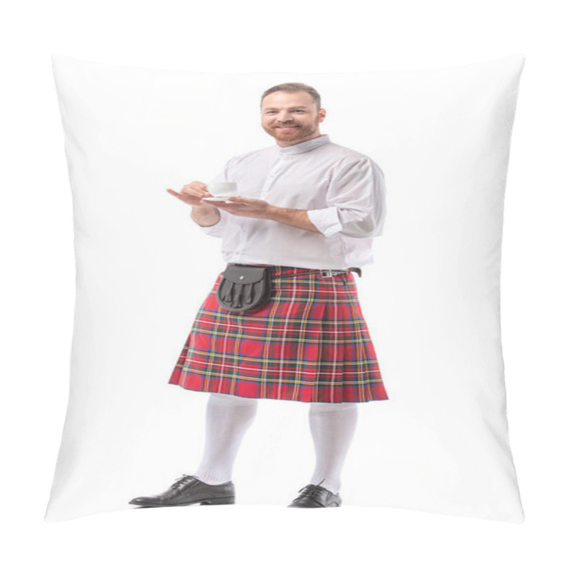 Personality  Smiling Scottish Redhead Man In Red Kilt Drinking Coffee On White Background Pillow Covers