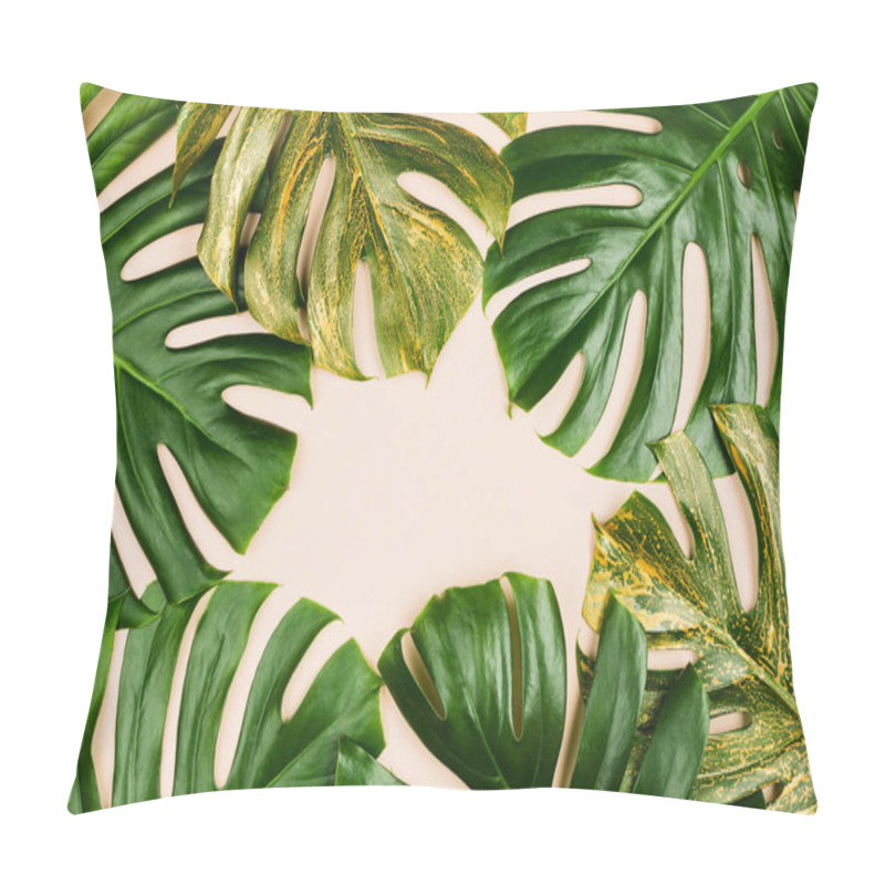 Personality  Monstera Leaves Painted Golden. Summer Concept, Flatlay, Pastel Background, Copyspace Pillow Covers