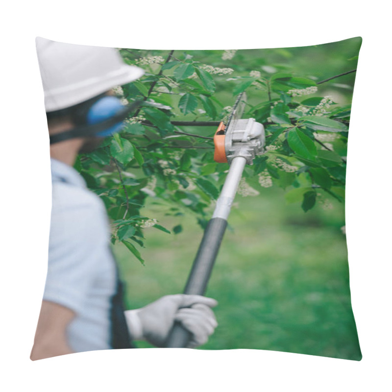 Personality  Back View Of Gardener Trimming Trees With Telescopic Pole Saw In Park Pillow Covers