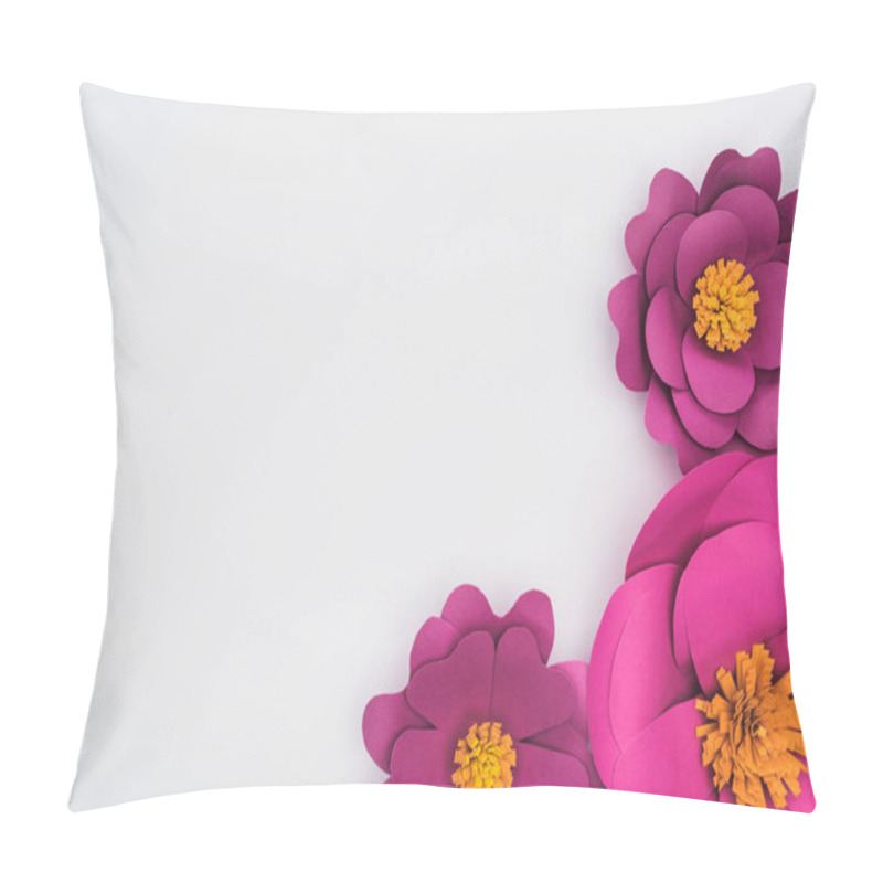 Personality  Top View Of Paper Cut Purple Flowers Isolated On White Pillow Covers