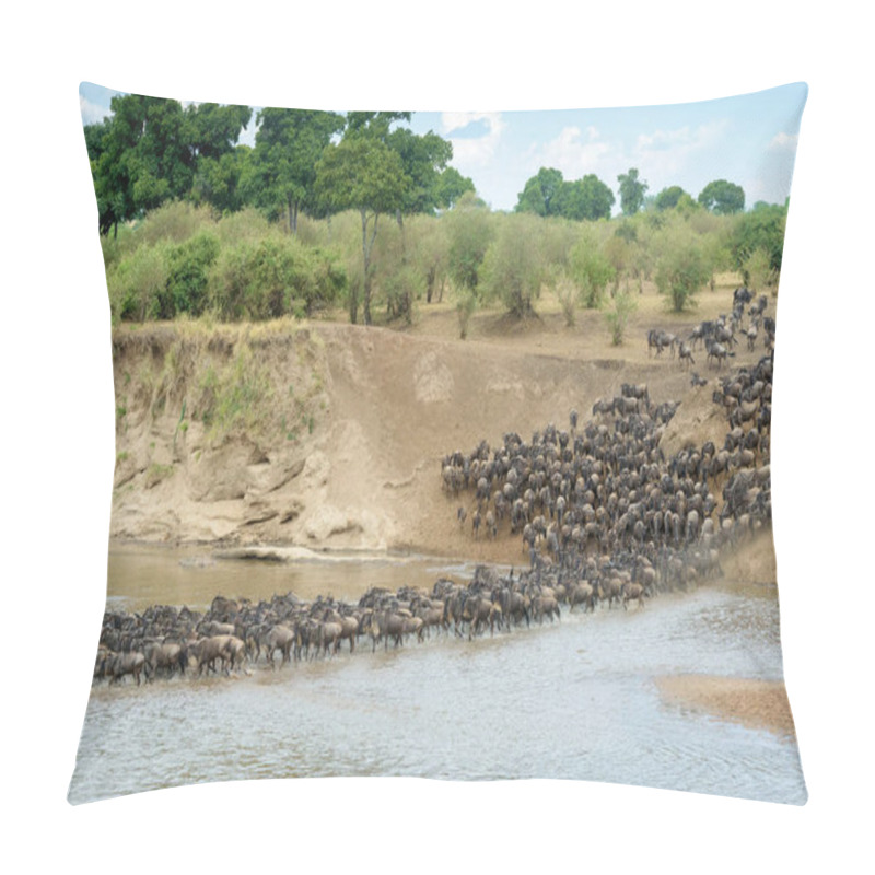 Personality  Blue Wildebeest, Brindled Gnu (Connochaetes Taurinus) Herd Crossing The Mara River During The Great Migration, Serengeti National Park, Tanzania. Pillow Covers