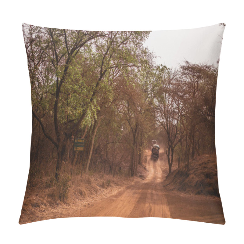 Personality  Safari Jeep Going Away On Sandy Road. Wild Life. Baobab And Bush Jungles In Senegal, Africa. Bandia Reserve. Hot, Dry Climate. Pillow Covers