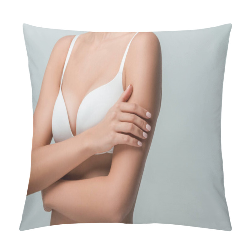 Personality  Cropped View Of Woman In White Bra Isolated On Grey  Pillow Covers