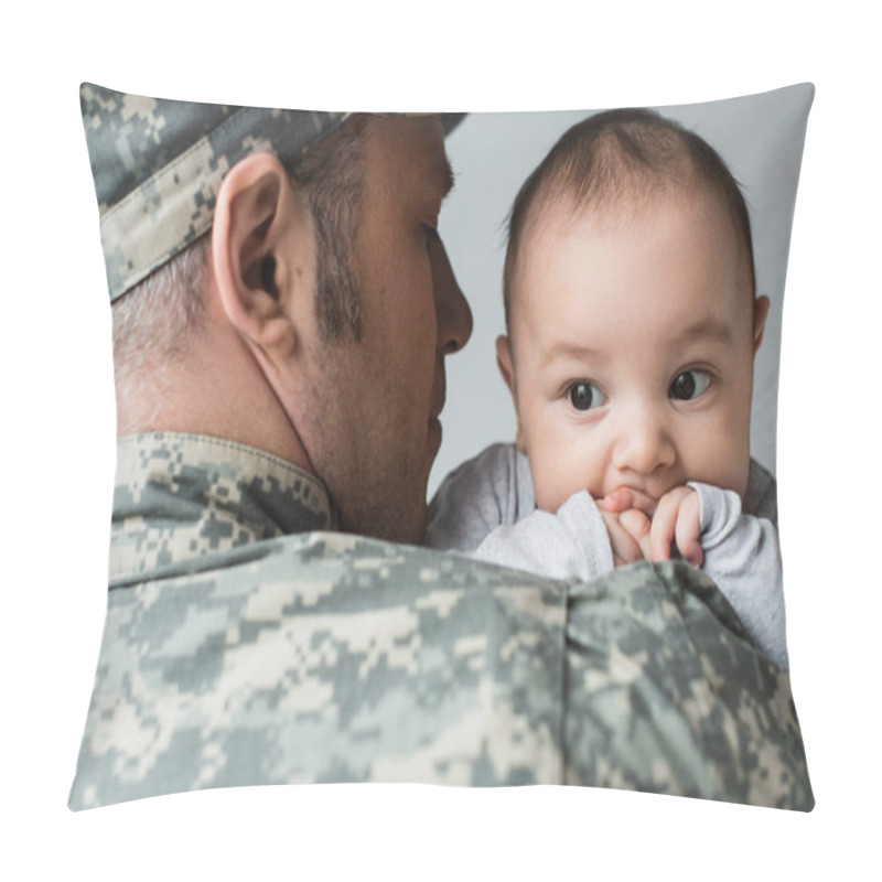 Personality  Man In Military Uniform And Cap Hugging Newborn Son Isolated On Grey  Pillow Covers