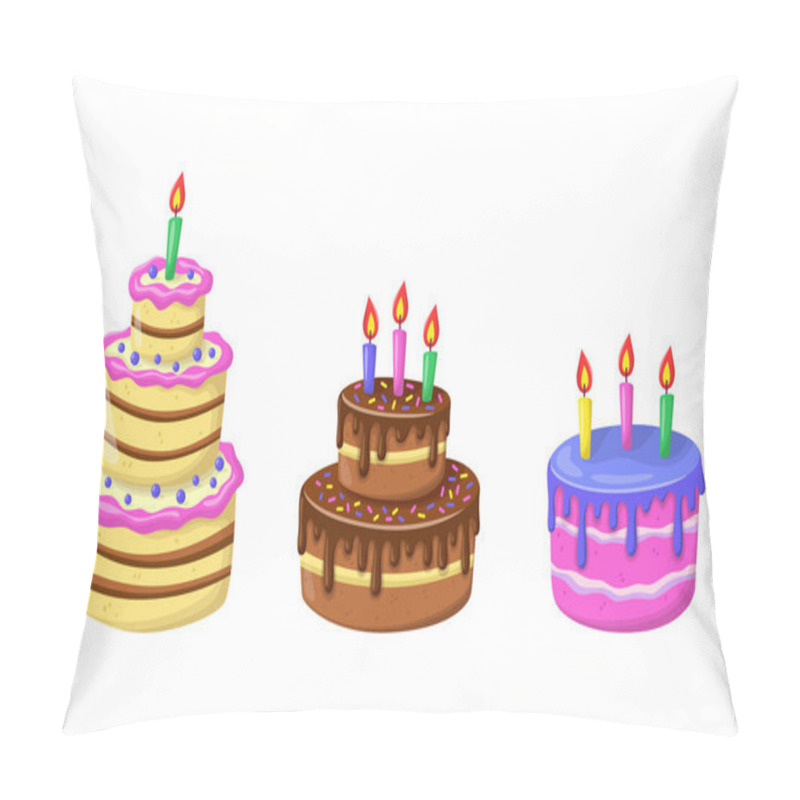 Personality  Cake With Candle, Popper Serpentine, Stars. Birthday Chocolate Dessert. Celebration Pie With Sprinkles And Icing In Plastic Style. Vector Illustration In Red Color On Pink Background. Pillow Covers