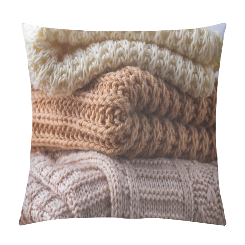 Personality  Texture Of Warm, Pastel Clothes And Knitted Scarves On A White Background. Winter, Autumn Clothes. Pillow Covers