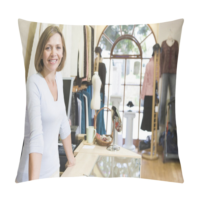 Personality  Woman At Clothing Store Smiling Pillow Covers