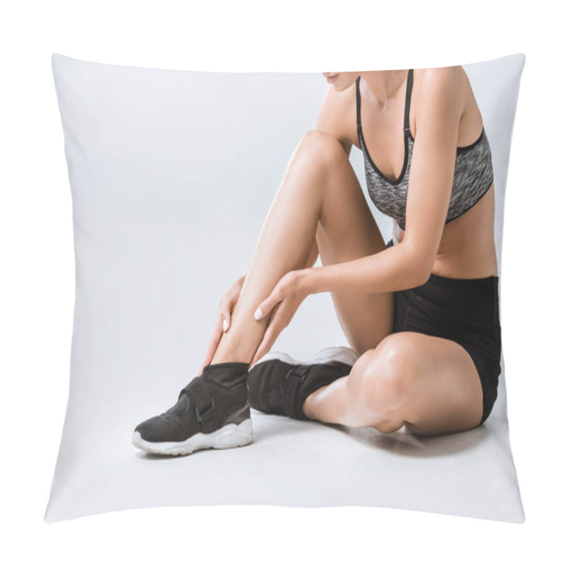 Personality  Partial View Of Sportswoman With Ankle Pain On Grey Pillow Covers