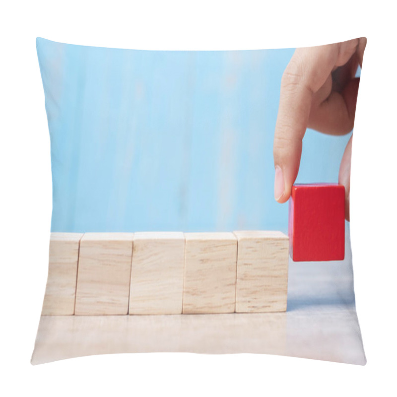 Personality  Businessman Hand Placing Or Pulling Red Wooden Block On The Buil Pillow Covers