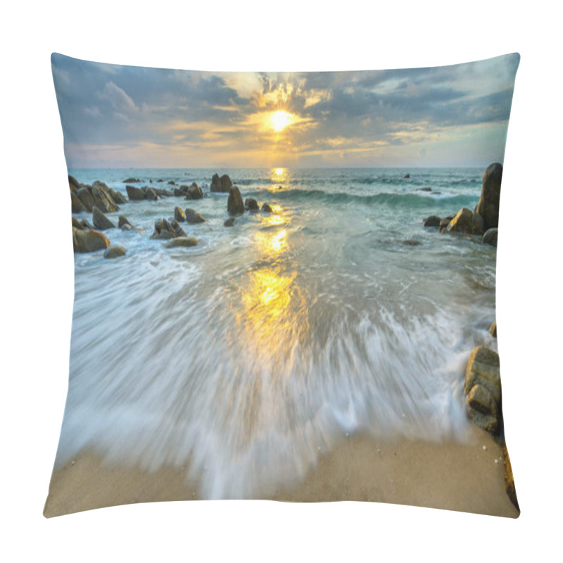 Personality  Dawn On Beautiful Beaches With White Sand Streaks Waves Like Silk To Create Many Beautiful Shapes On The Beach Has Many Rocks, Pillow Covers