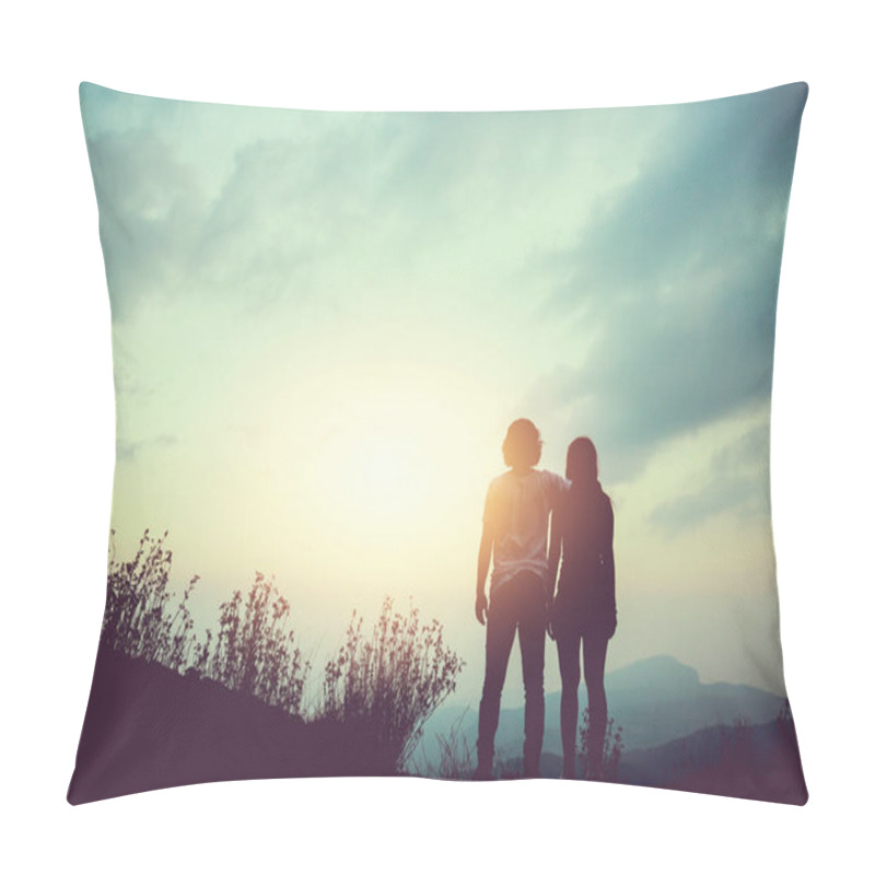 Personality  Natural Background Couples Lovers. The Sun Rises In The Morning On The Mountain. Thailand Doi Inthanon, Couples Who Are Standing Watching The Mountain View. Pillow Covers