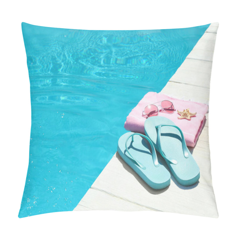 Personality  Beach Accessories On Wooden Deck Near Swimming Pool. Space For Text Pillow Covers