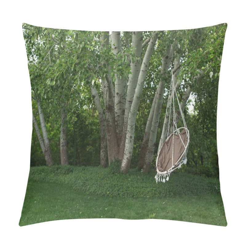 Personality  Rope Swing Nest On A Background Of Thickets Of Aspen, Thickets Of Periwinkle And A Trimmed Green Lawn. Rest Zone. The Landscape Park. Landscaping. Pillow Covers