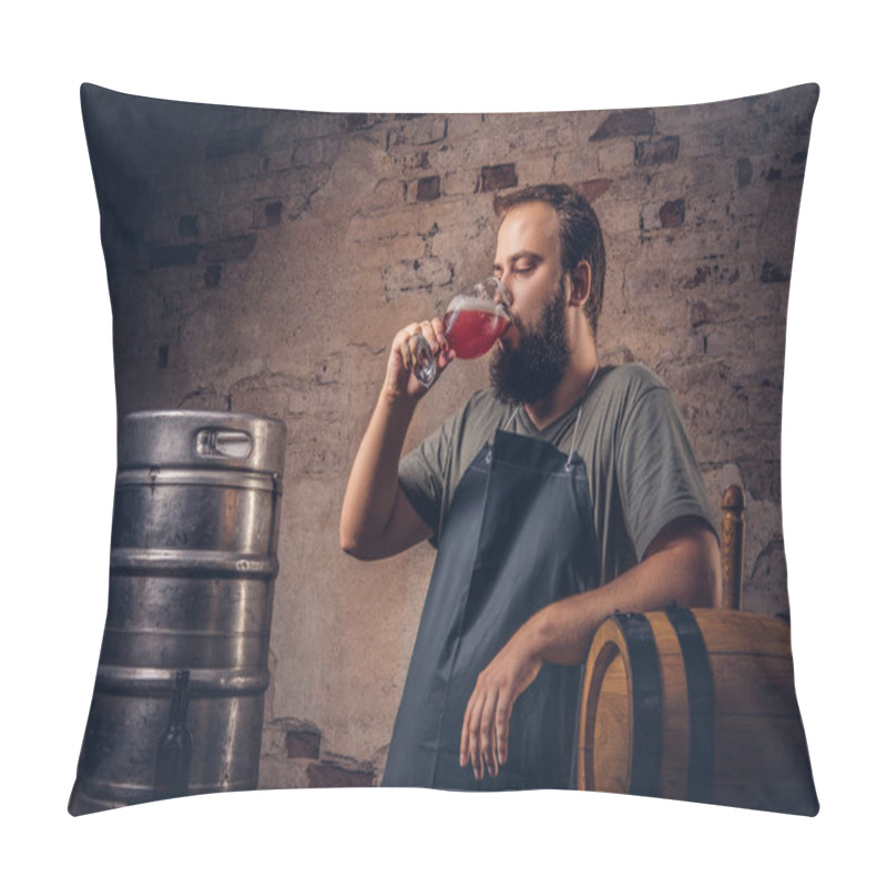 Personality  Brewer In Apron Standing Near Barrels And Drinks Craft Beer At Old Brewery Factory. Pillow Covers