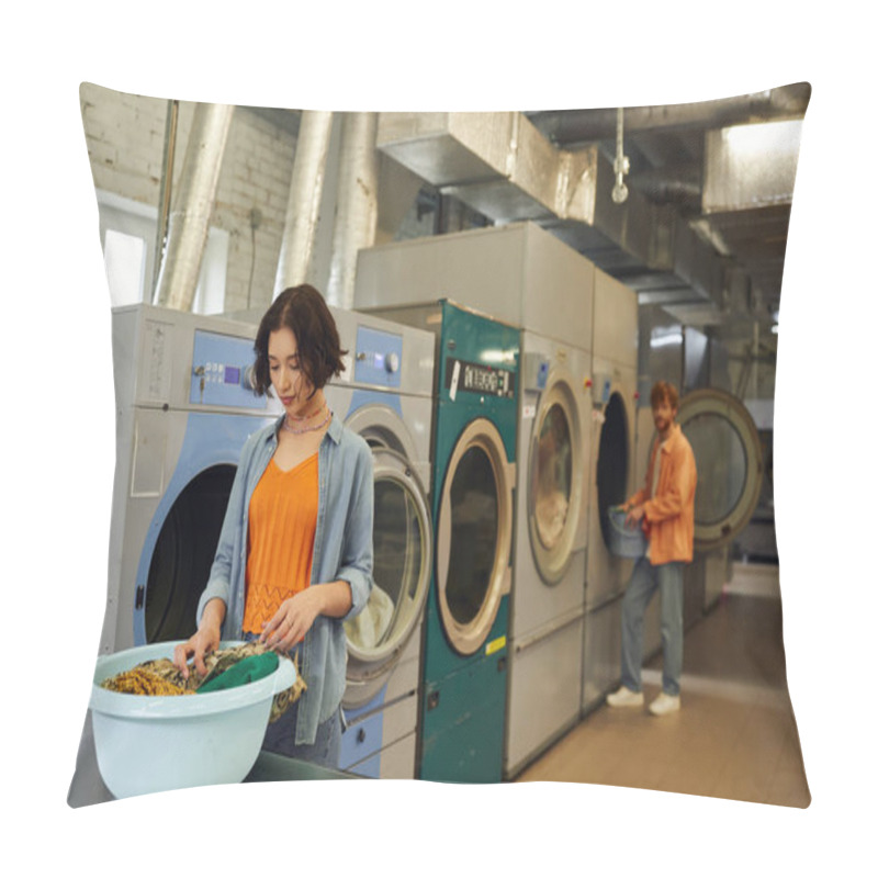 Personality  Young Asian Woman Sorting Clothes In Basin Near Blurred Boyfriend In Public Laundry Pillow Covers