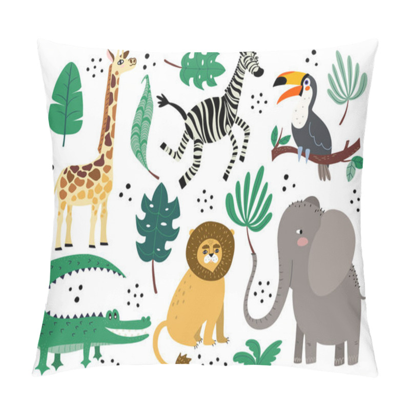 Personality  Cute African Animals With Palm Leaves Vector Set In Flat Doodle Style Pillow Covers