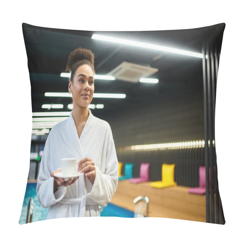 Personality  A Beautiful Young Woman In A Robe Holds A Cup While Soaking In The Calming Atmosphere Of A Spa. Pillow Covers