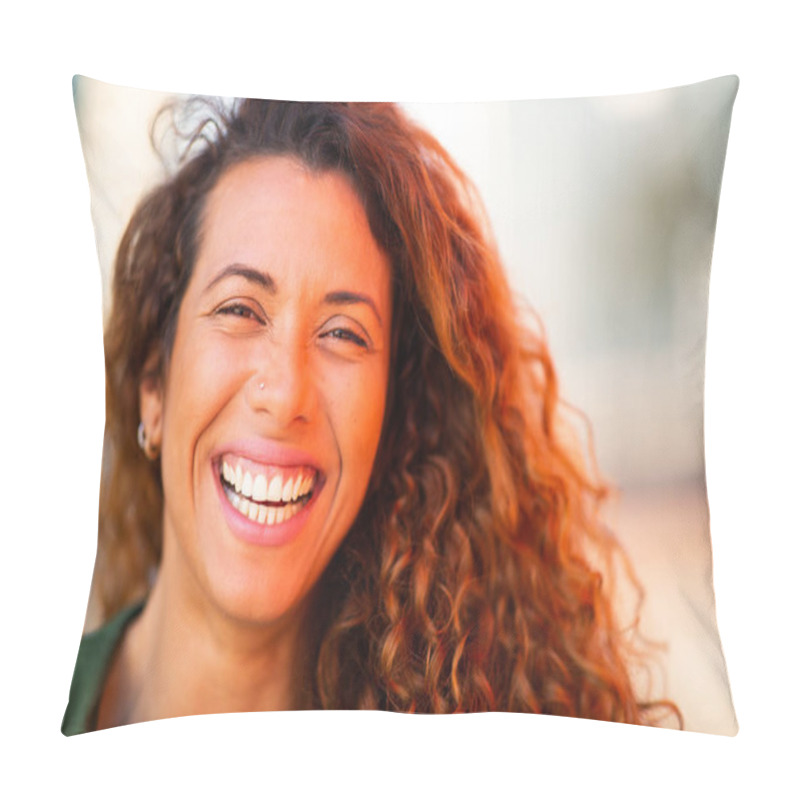 Personality  Close Up Portrait Of Smiling Young Hispanic Woman Looking At Camera And Laughing Outside Pillow Covers