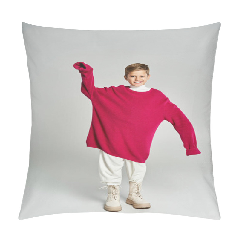 Personality  A Joyful Kid Models Cozy Winter Clothing With A Big Smile, Showcasing Oversized Fashion. Pillow Covers