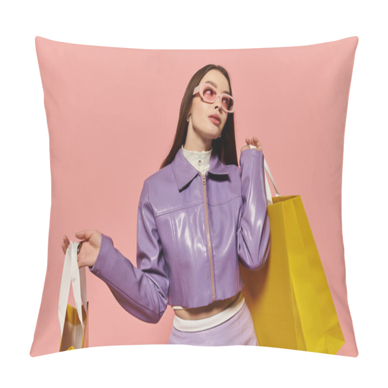 Personality  Trendy Woman Poses Confidently With Shopping Bags Against A Pink Backdrop. Pillow Covers