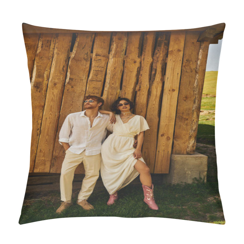 Personality  Rustic Wedding In Boho Style, Stylish Asian Bride In Wedding Dress Standing With Groom In Sunglasses Pillow Covers