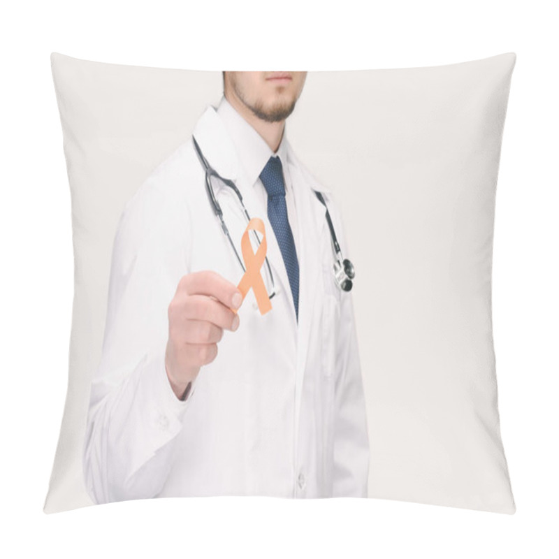 Personality  Cropped Shot Of Doctor With Stethoscope Showing Orange Leukemia, Kidney Cancer, Multiple Sclerosis RSD Awareness Ribbon Isolated On White Pillow Covers