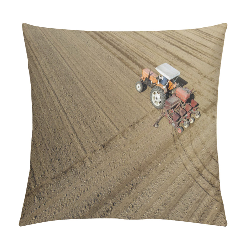 Personality  Aerial View Of A Tractor Plowing The Fields, Aerial View, Plowing, Sowing, Harvest. Agriculture And Farming, Campaign. Desert And Dehydrated Lands, Global Warming Pillow Covers