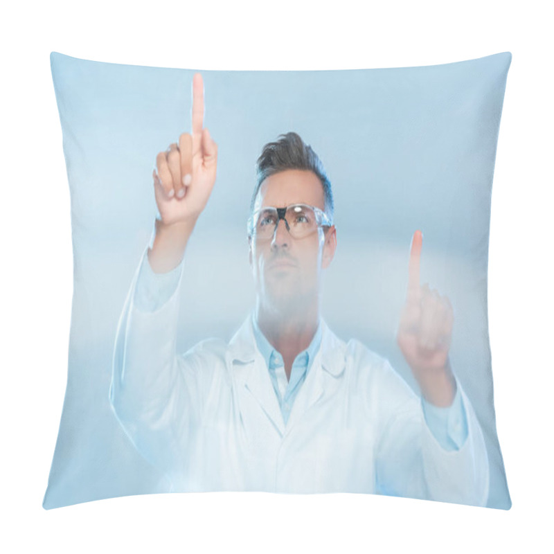 Personality  Handsome Scientist In Protective Glasses And White Coat Touching Something Isolated On White, Artificial Intelligence Concept Pillow Covers