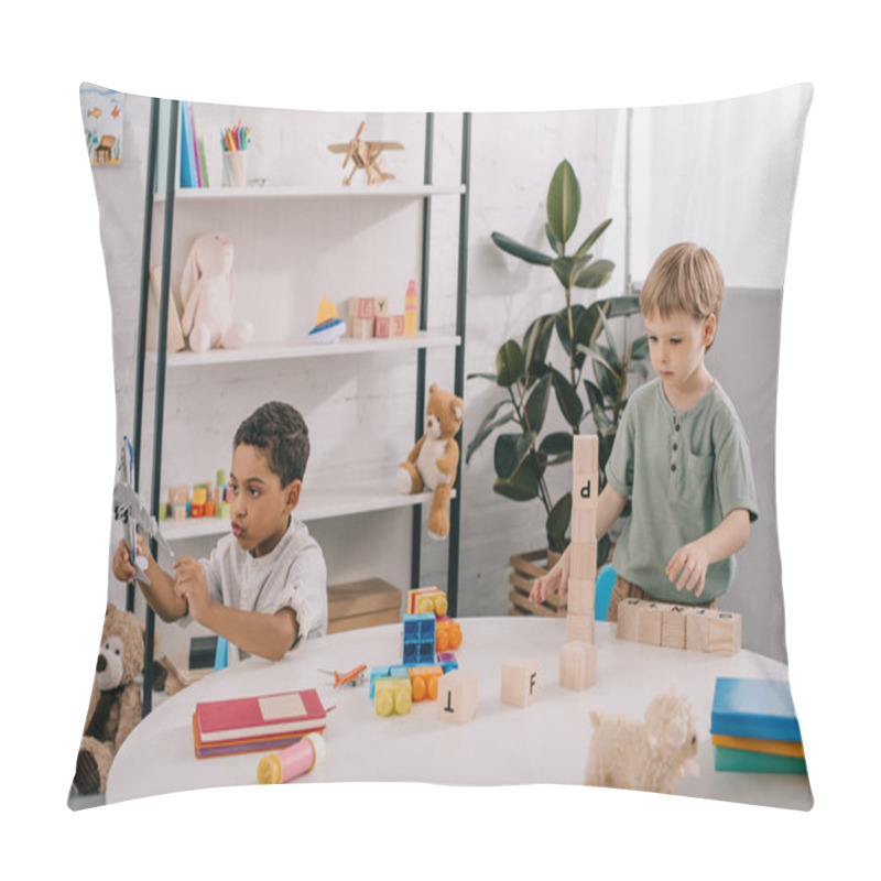 Personality  Multicultural Boys Playing With Toys In Classroom Pillow Covers