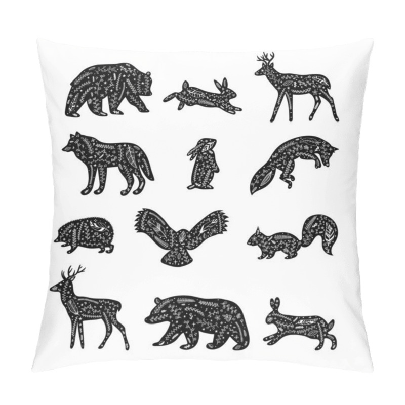 Personality  Forest Animals With Floral Elements. Hand Drawn Silhouettes. Wild Woodland Animals. Flourish Ornament. Vector Illustration Pillow Covers