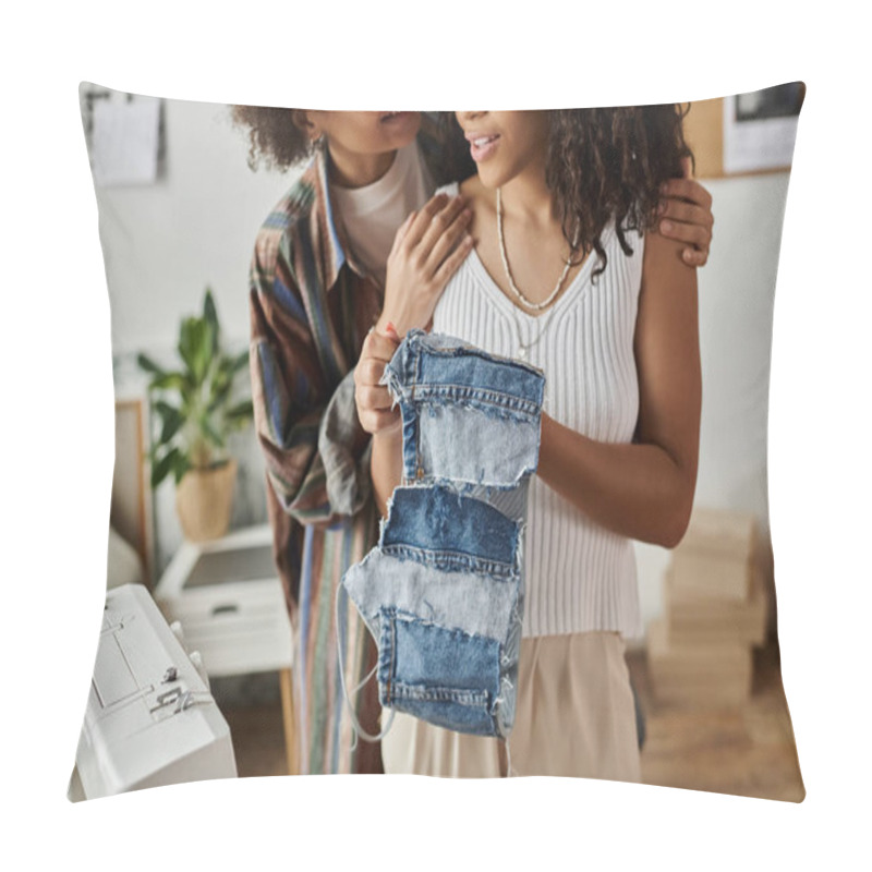 Personality  A Joyful Couple Repurposes Old Clothing While Sharing Affectionate Moments. Pillow Covers